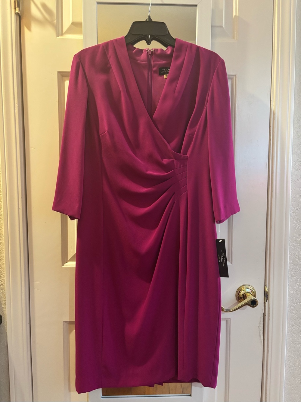 Tahari Fuchsia Faux-Wrap Long Sleeve Draped Dress